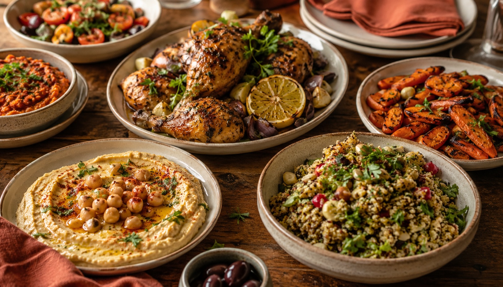A warm home-cooked spread on a rustic table